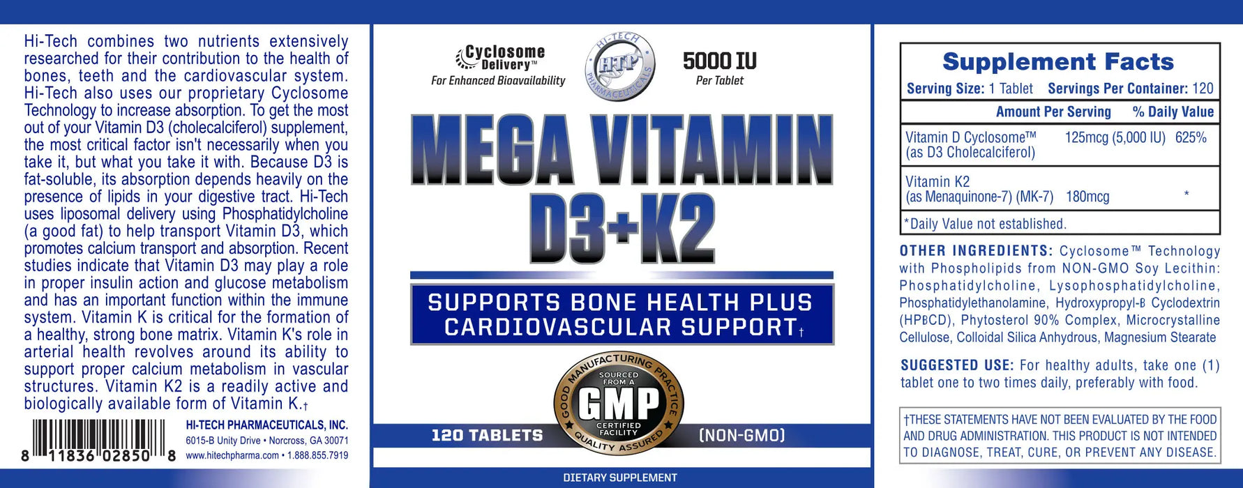 Mega Vitamin D3 + K2 product label by Hi-Tech Pharmaceuticals featuring Cyclosome™ enhanced delivery technology, 5,000 IU Vitamin D3, 180mcg Vitamin K2 MK-7, and support for bone, immune, muscle, and cardiovascular health.
