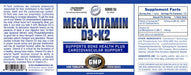 Mega Vitamin D3 + K2 product label by Hi-Tech Pharmaceuticals featuring Cyclosome™ enhanced delivery technology, 5,000 IU Vitamin D3, 180mcg Vitamin K2 MK-7, and support for bone, immune, muscle, and cardiovascular health.