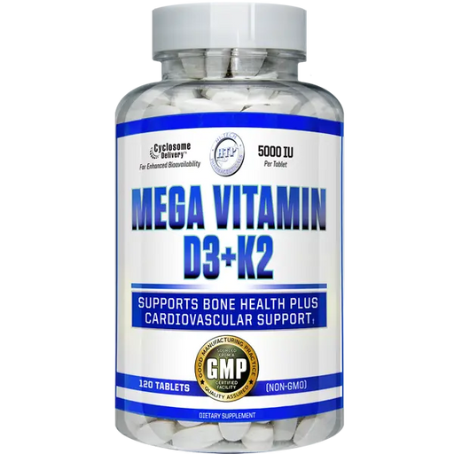 Mega Vitamin D3 + K2 supplement bottle by Hi-Tech Pharmaceuticals featuring Cyclosome™ delivery technology, 5,000 IU Vitamin D3, 180mcg Vitamin K2 MK-7, and support for bone, immune, and cardiovascular health.