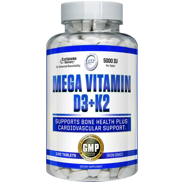 Mega Vitamin D3 + K2 supplement bottle by Hi-Tech Pharmaceuticals featuring Cyclosome™ delivery technology, 5,000 IU Vitamin D3, 180mcg Vitamin K2 MK-7, and support for bone, immune, and cardiovascular health.