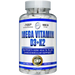 Mega Vitamin D3 + K2 supplement bottle by Hi-Tech Pharmaceuticals featuring Cyclosome™ delivery technology, 5,000 IU Vitamin D3, 180mcg Vitamin K2 MK-7, and support for bone, immune, and cardiovascular health.