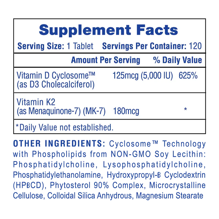 Supplement Facts panel for Mega Vitamin D3 + K2 showing 5,000 IU Vitamin D3 Cyclosome™, 180mcg Vitamin K2 MK-7, serving size of 1 tablet, 120 servings per container, and Other Ingredients with Cyclosome™ phospholipid delivery technology.