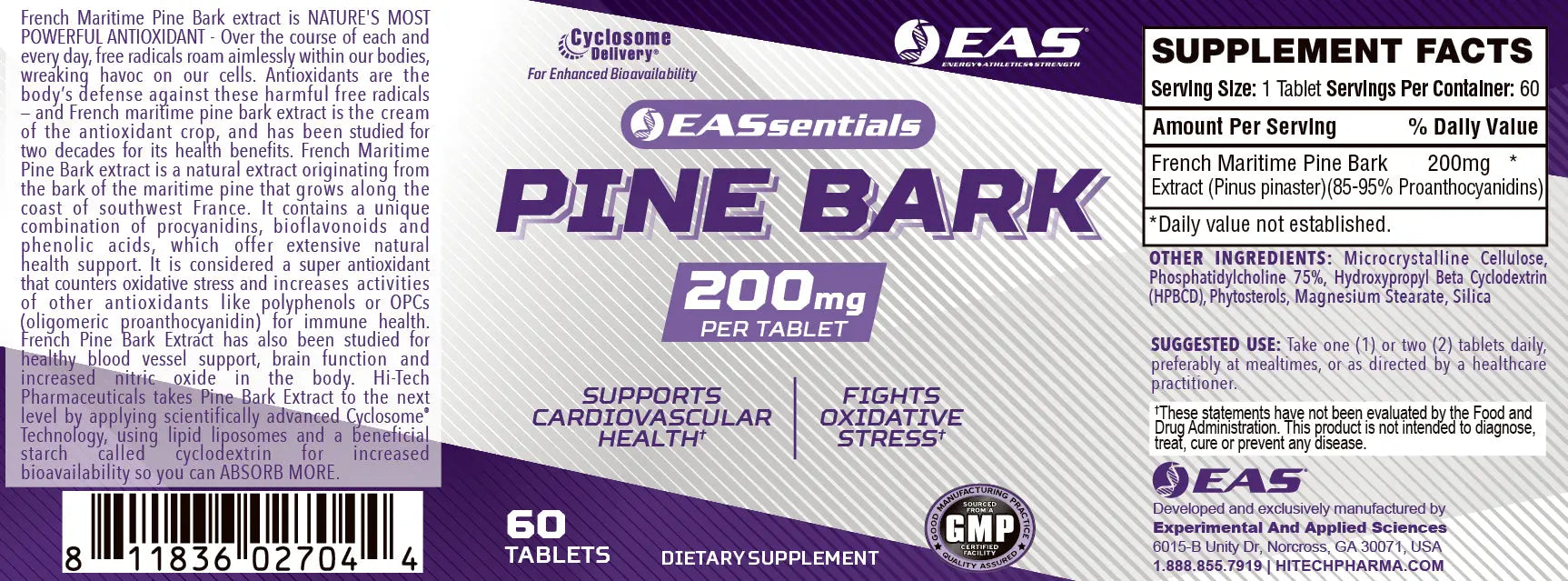 EAS Essentials French Maritime Pine Bark 200mg full supplement label with Supplement Facts, directions, ingredients, and product information featuring Cyclosome® Delivery to support antioxidant activity, cardiovascular health, and healthy circulation.