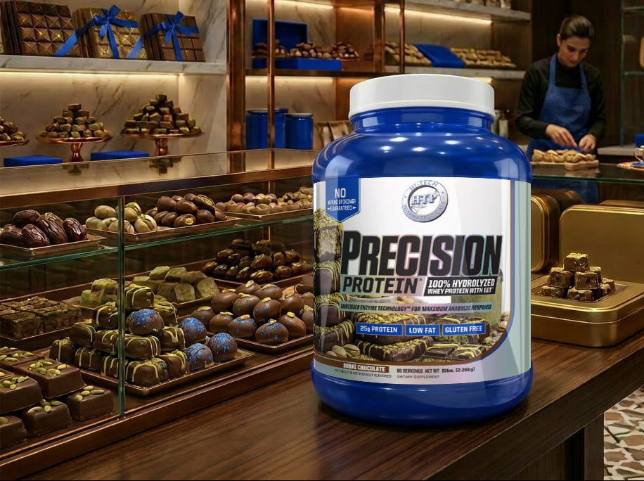 Precision Protein supplement bottle on a wooden surface with a store interior in the background