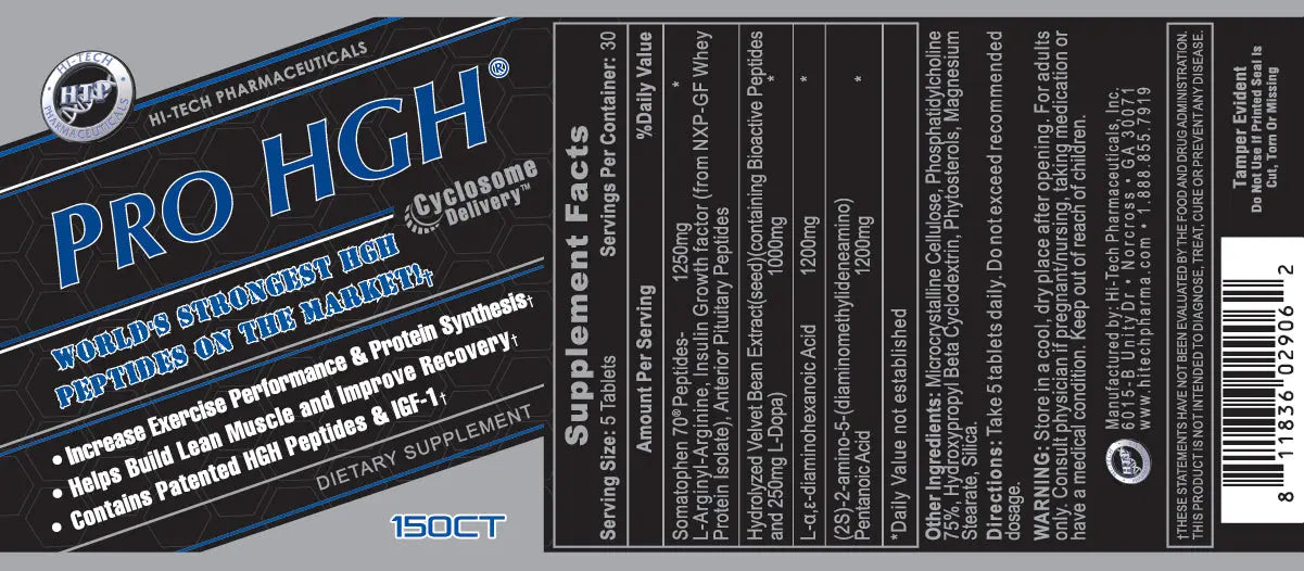 Hi-Tech Pharmaceuticals Pro-HGH full product label featuring product information, Supplement Facts, ingredients, suggested use, and serving information