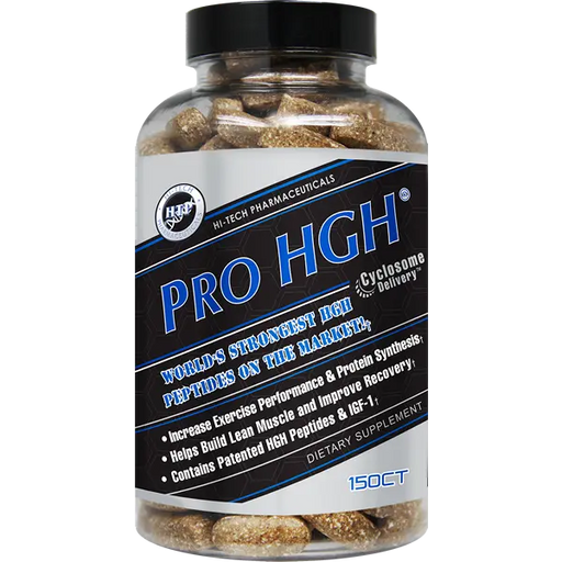 Hi-Tech Pharmaceuticals Pro-HGH dietary supplement bottle featuring advanced peptide and amino acid formula for exercise performance, muscle support, and workout recovery.