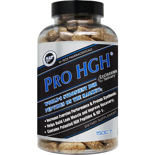 Hi-Tech Pharmaceuticals Pro-HGH dietary supplement bottle featuring advanced peptide and amino acid formula for exercise performance, muscle support, and workout recovery.
