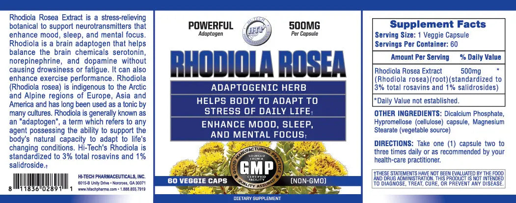 Hi-Tech Pharmaceuticals Rhodiola Rosea product label featuring a 500mg adaptogenic herb formula designed to help the body adapt to stress, enhance mood, sleep, and mental focus in a blue and white label design with botanical imagery.