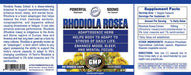 Hi-Tech Pharmaceuticals Rhodiola Rosea product label featuring a 500mg adaptogenic herb formula designed to help the body adapt to stress, enhance mood, sleep, and mental focus in a blue and white label design with botanical imagery.
