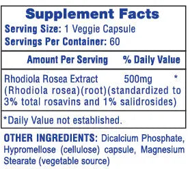 Supplement Facts panel for Hi-Tech Pharmaceuticals Rhodiola Rosea showing serving size of 1 veggie capsule, 60 servings per container, 500mg Rhodiola rosea root extract standardized to 3% rosavins and 1% salidrosides, with other ingredients and directions for use.