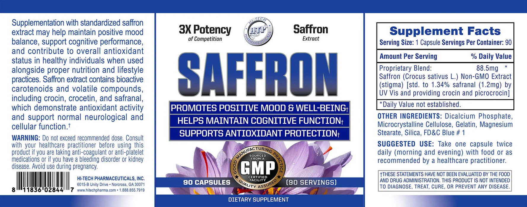 Hi-Tech Pharmaceuticals Saffron bottle label featuring 3X Potency saffron extract with claims supporting positive mood, cognitive function, and antioxidant protection in a blue and silver design with saffron flower imagery.