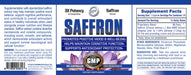 Hi-Tech Pharmaceuticals Saffron bottle label featuring 3X Potency saffron extract with claims supporting positive mood, cognitive function, and antioxidant protection in a blue and silver design with saffron flower imagery.