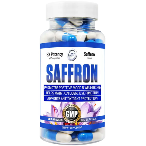 Hi-Tech Pharmaceuticals Saffron supplement bottle featuring standardized saffron extract for positive mood support, cognitive function, and antioxidant protection with 90 capsules.