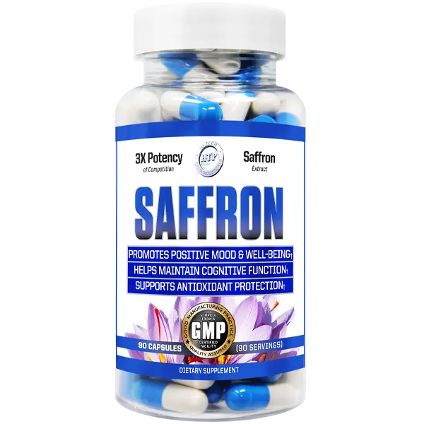 Hi-Tech Pharmaceuticals Saffron supplement bottle featuring standardized saffron extract for positive mood support, cognitive function, and antioxidant protection with 90 capsules.