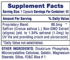 Supplement Facts panel for Hi-Tech Pharmaceuticals Saffron showing serving size of 1 capsule, 90 servings per container, 88.5mg proprietary saffron extract blend standardized to 1.34% safranal, plus other ingredients and suggested use instructions.
