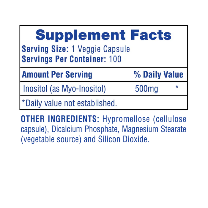 Inositol 500mg Supplement Facts panel showing serving size, 500mg of myo-inositol per veggie capsule, 100 servings per container, and other ingredients.