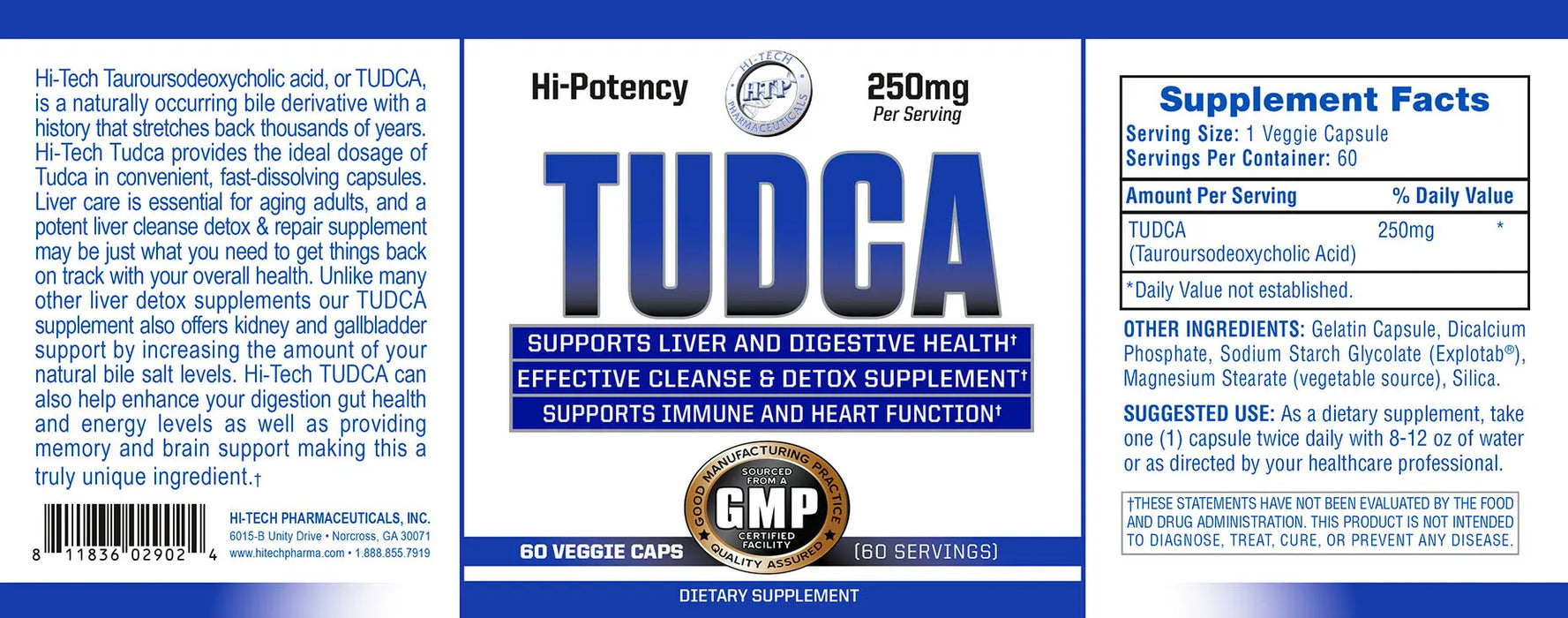 Full product label for Hi-Tech Pharmaceuticals TUDCA 250mg dietary supplement featuring supplement facts, directions, ingredients, warnings, and liver health support information.