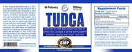 Full product label for Hi-Tech Pharmaceuticals TUDCA 250mg dietary supplement featuring supplement facts, directions, ingredients, warnings, and liver health support information.
