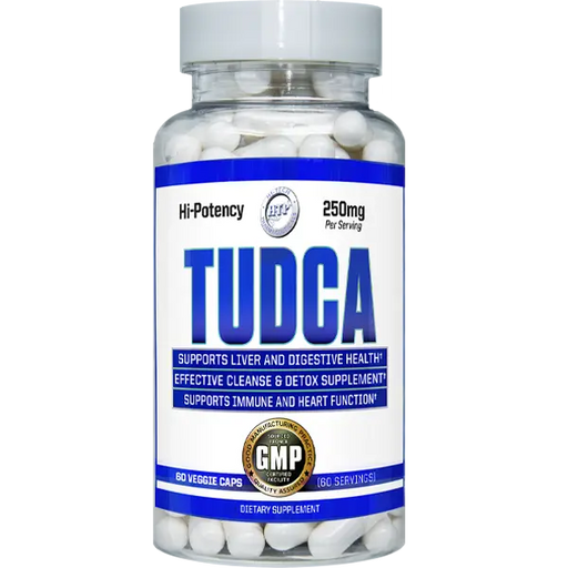 Hi-Tech Pharmaceuticals TUDCA 250mg bottle featuring 60 veggie capsules, advanced liver and digestive health support supplement with tauroursodeoxycholic acid (TUDCA).