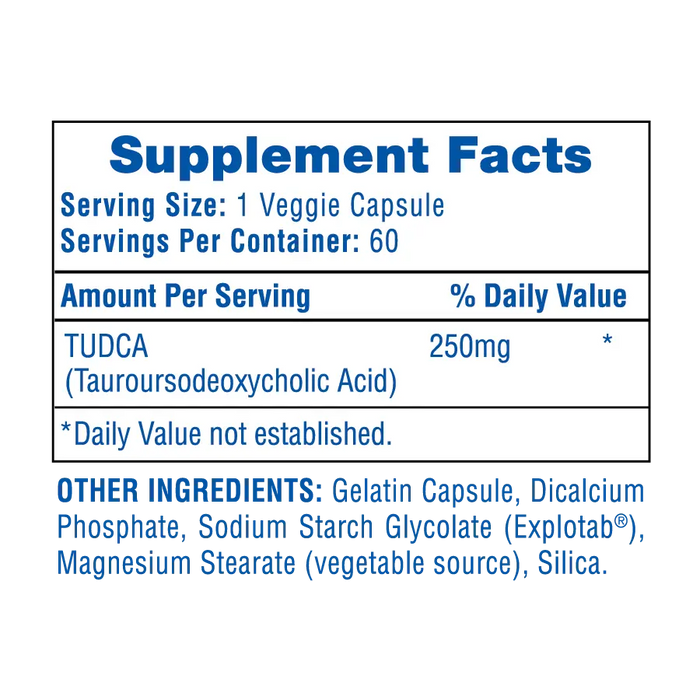 TUDCA 250mg Supplement Facts panel showing serving size, tauroursodeoxycholic acid (TUDCA) amount per serving, and other ingredients.