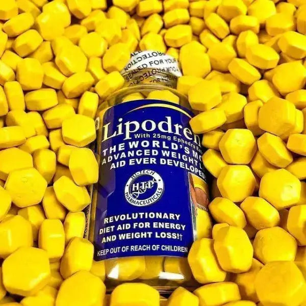 Lipodrene® Ephedra-Based Weight Loss & Energy Supplement bottle surrounded by yellow tablets, showcasing Hi-Tech Pharmaceuticals advanced diet aid