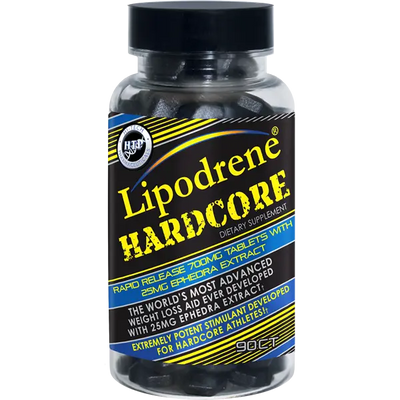 Lipodrene Hardcore with Ephedra energy supplement bottle by Hi-Tech Pharmaceuticals